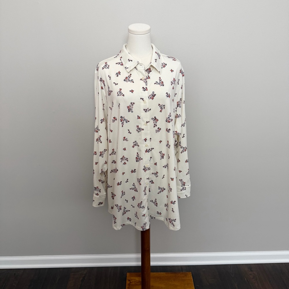Lands End Button-Up Shirt Tunic Collared Roll Tab Sleeves Floral Stretchy Cream